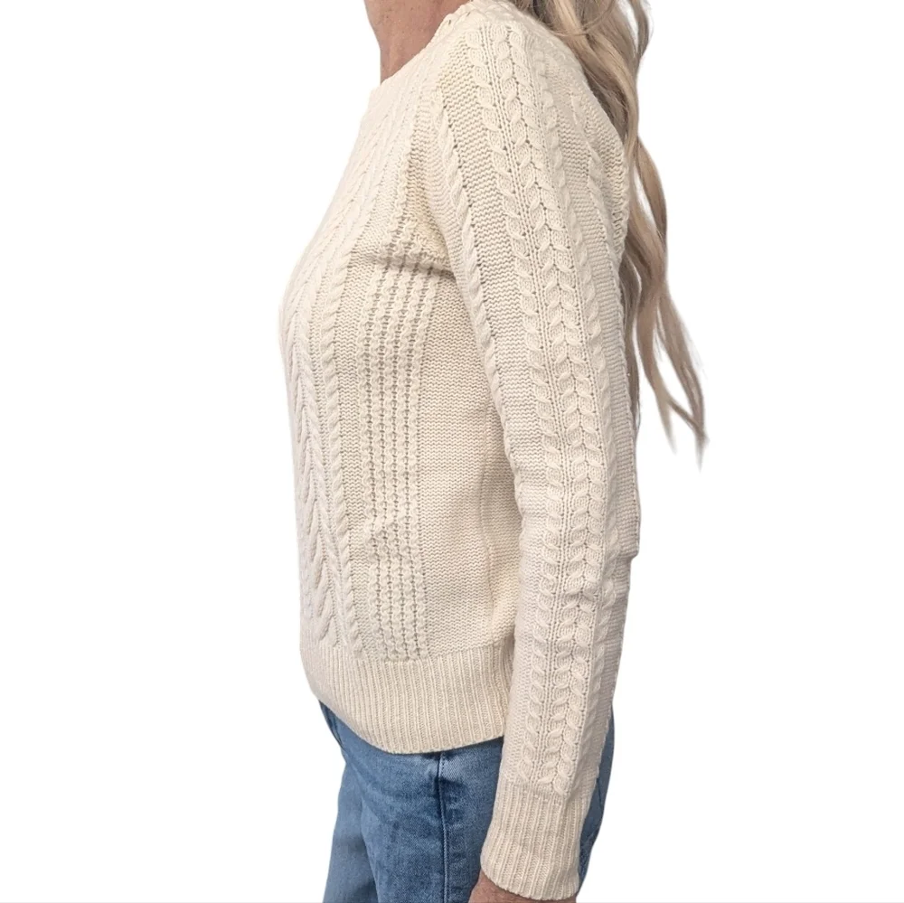 J.Crew 100% Wool Cream Cable Knit Sweater XS Button Shoulder Classic